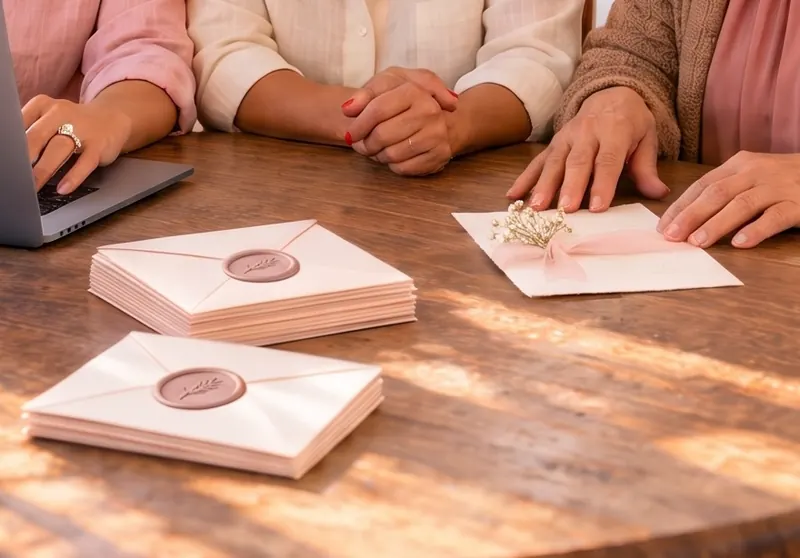 Hands on the kitchen table beside sealed wedding invitations.