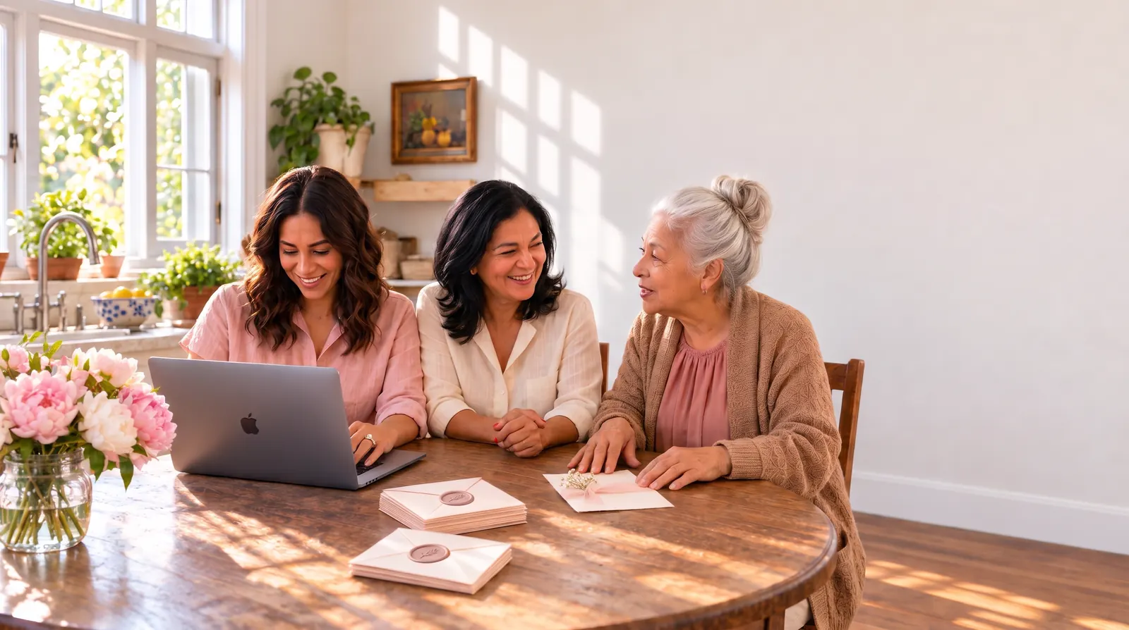 In Mom's kitchen, the bride types at the laptop, Mom sits beside her, and Abuela rests her hand on a wedding invitation.