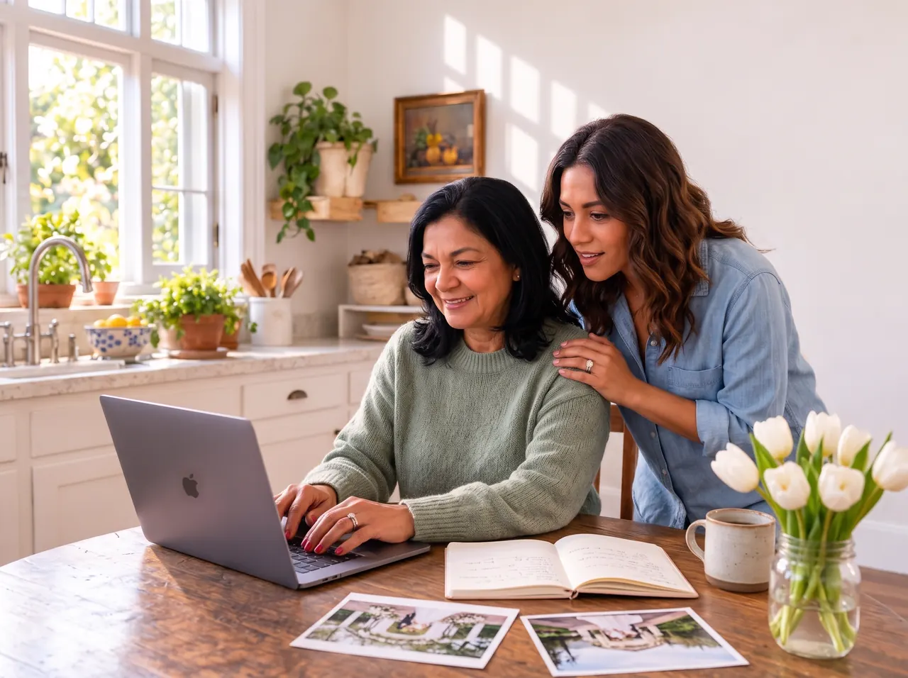 In Mom's kitchen in early spring, Mom types at the laptop while her daughter leans in with a hand on her shoulder.