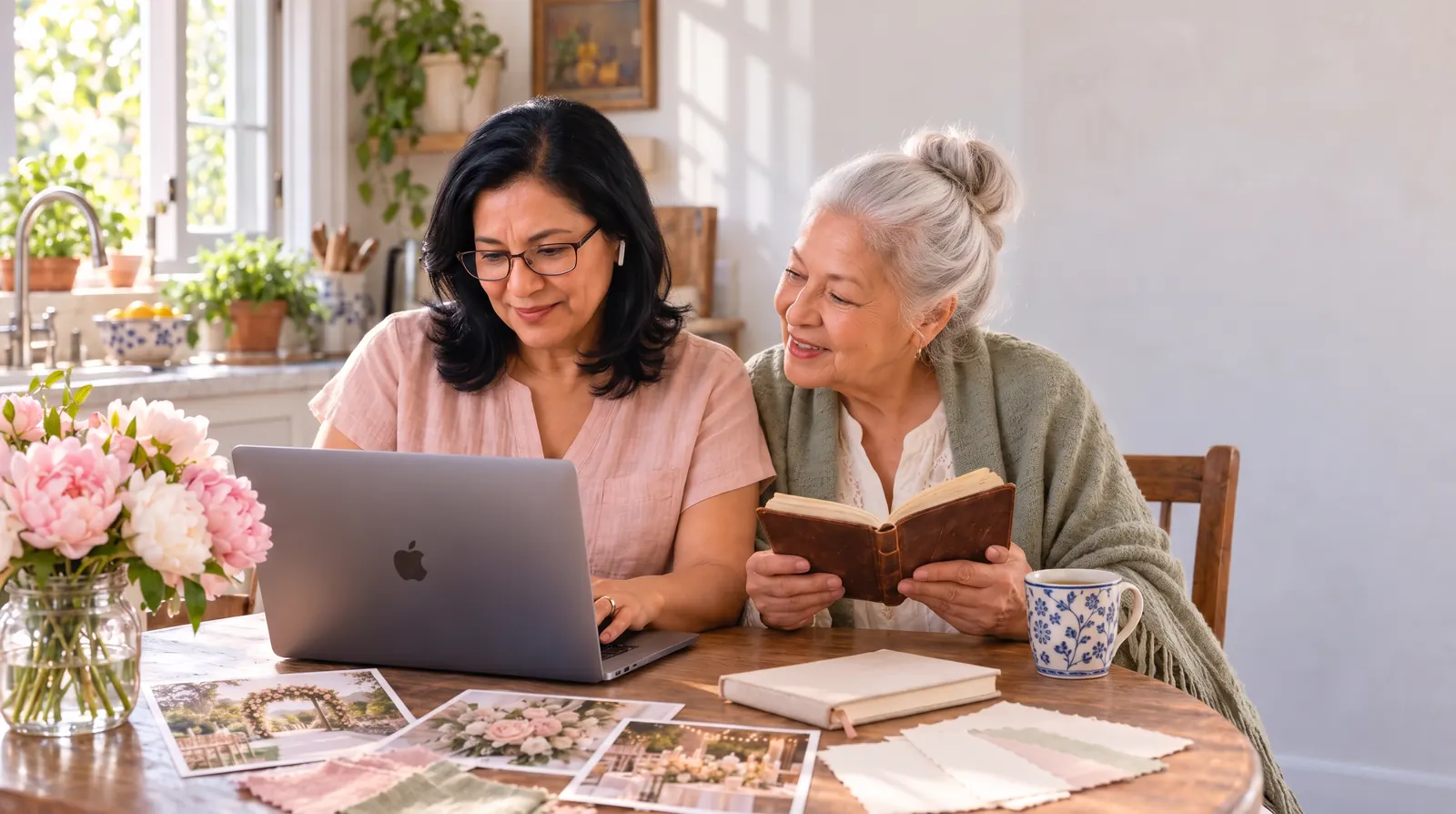 In May, Mom types at the laptop while Abuela reads names from her old address book.