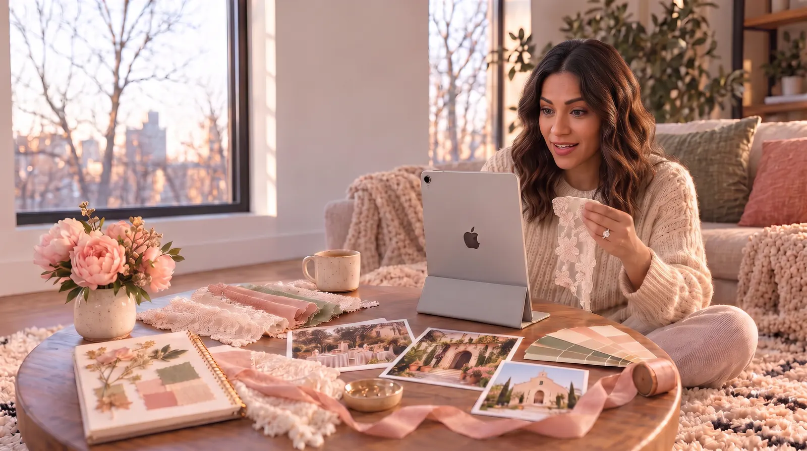 In November, the bride holds up a piece of lace to show Mom on an iPad call.
