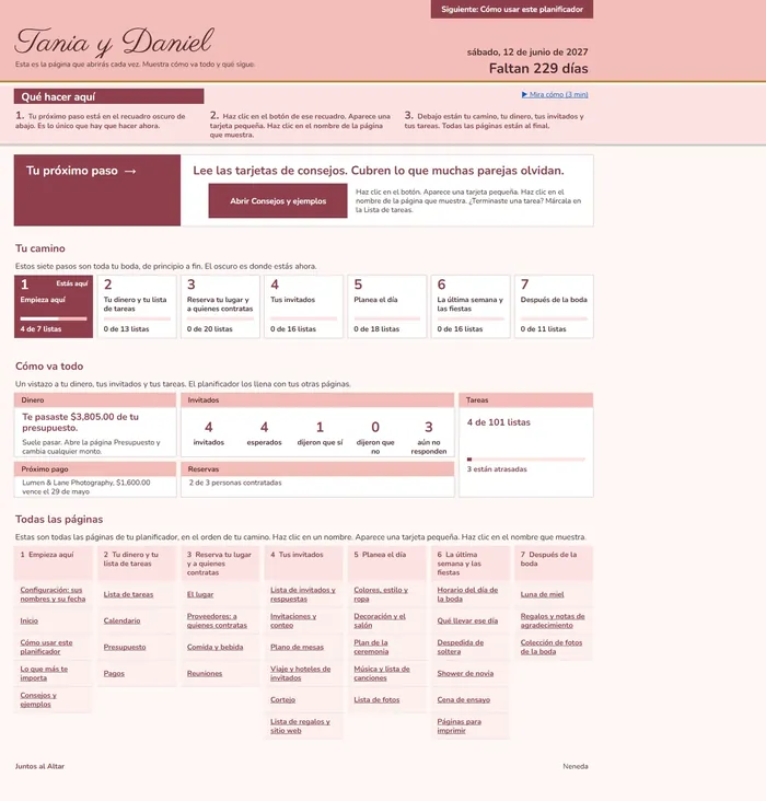 The same Home page in Spanish, filled in for Tania and Daniel.