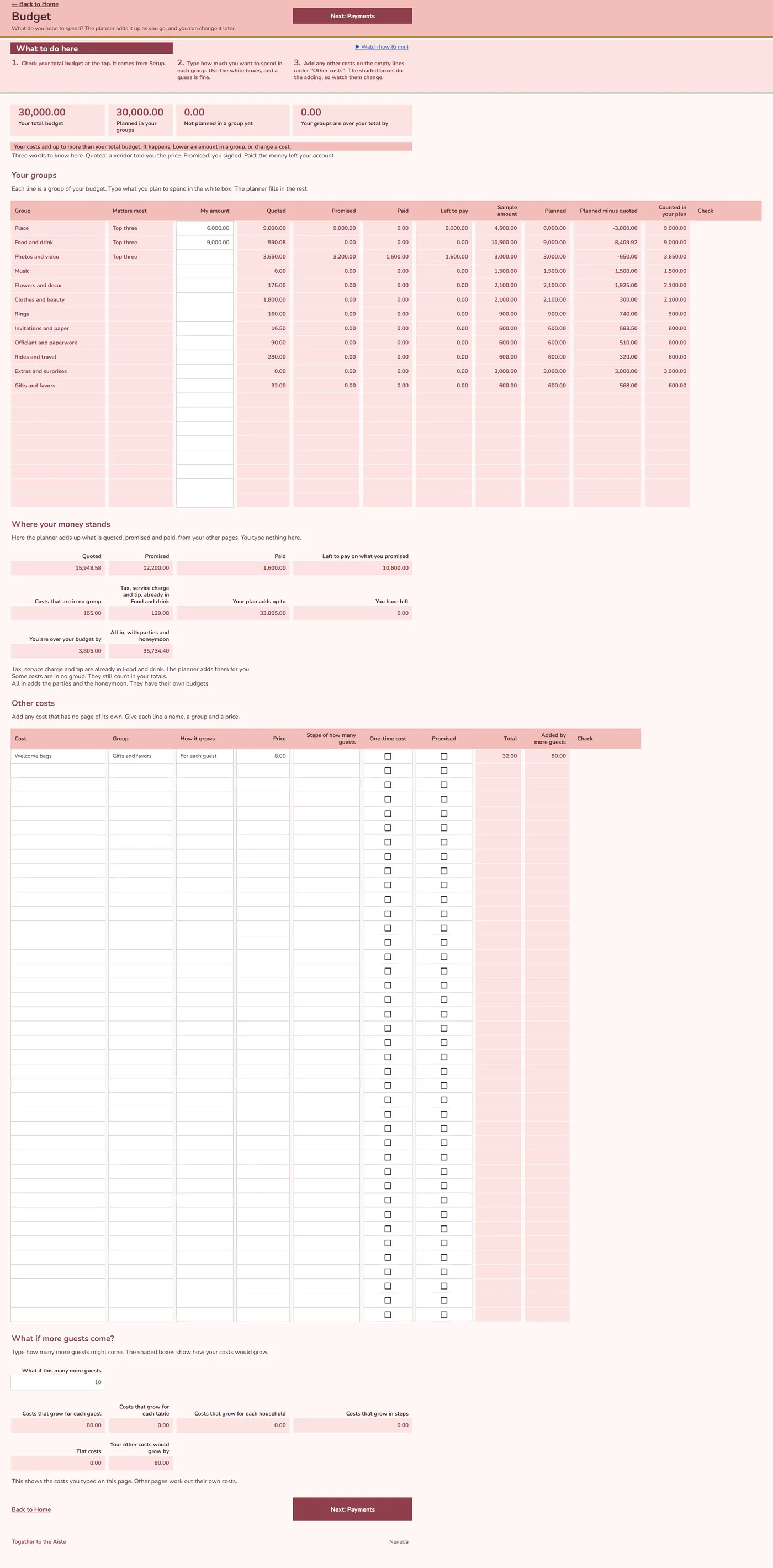 The Budget page: a total of 30,000.00, each group with what is planned, quoted, promised and paid, and where the money stands.