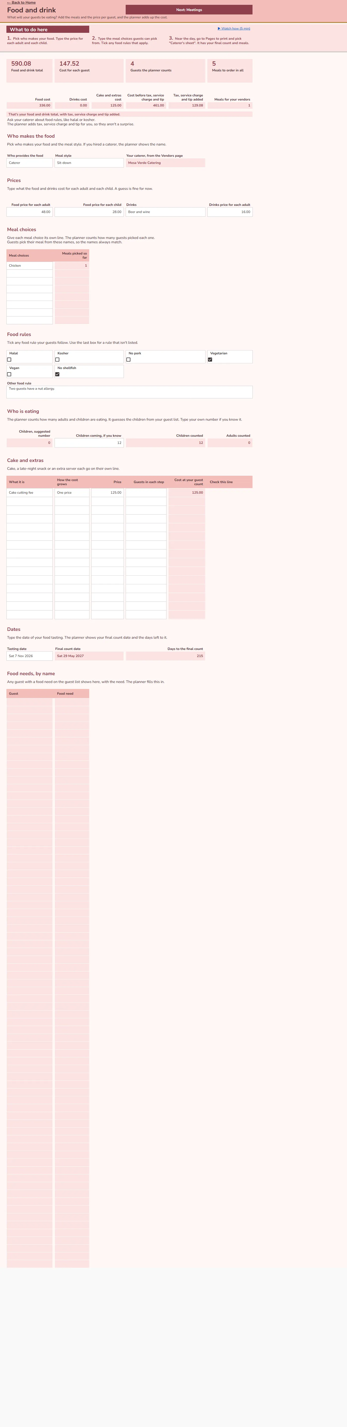 The Food and drink page for Tania and Daniel: the caterer's price per guest, the menu, the drinks and the cake.