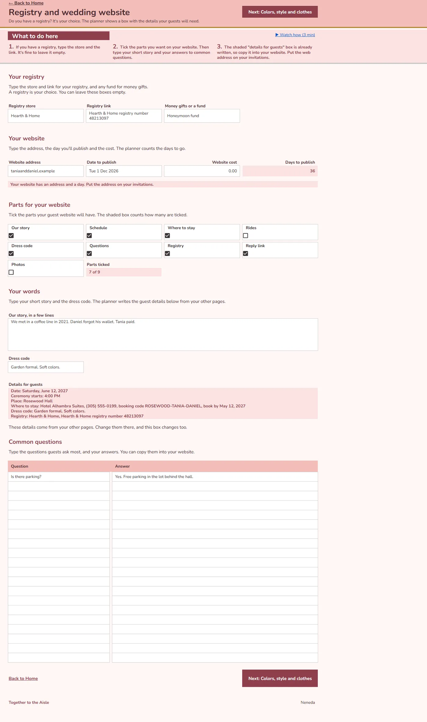 The Registry and wedding website page for Tania and Daniel.