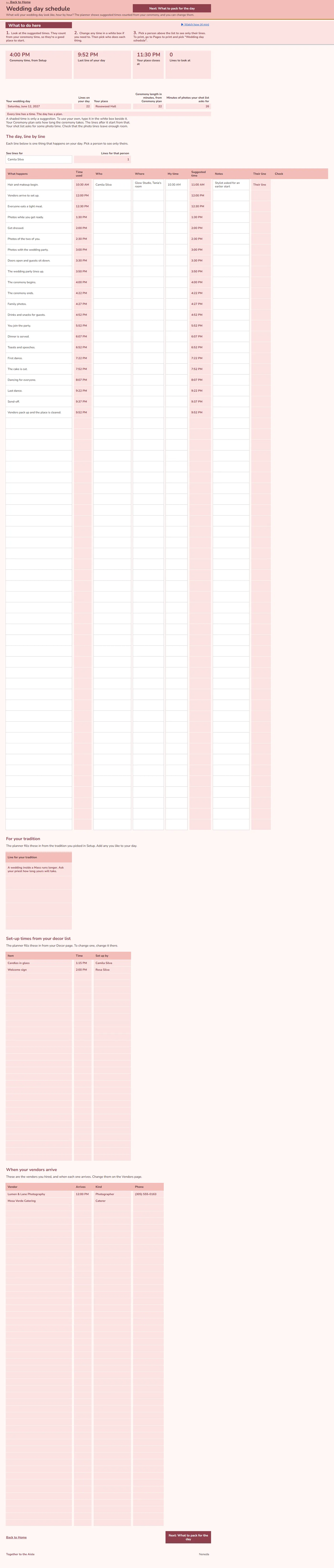 The Wedding day schedule page for Tania and Daniel: the day hour by hour, who is where, and who to call.